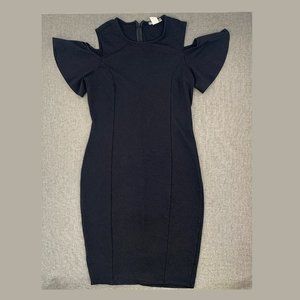 Quum Shop Black Evening‎ Bodycon Dress 1XL Rayon Nylon Cold Shoulder Ruffled